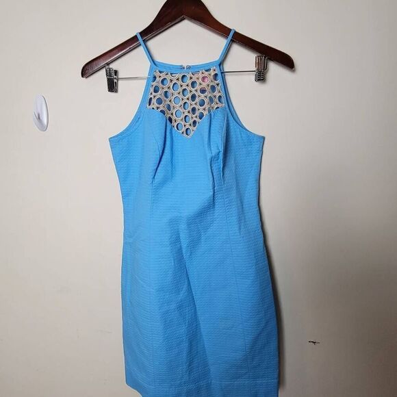 LILLY PULITZER LARINA SEASPRAY BLUE GOLD MINI DRESS SIZE 00 - Picture 1 of 4